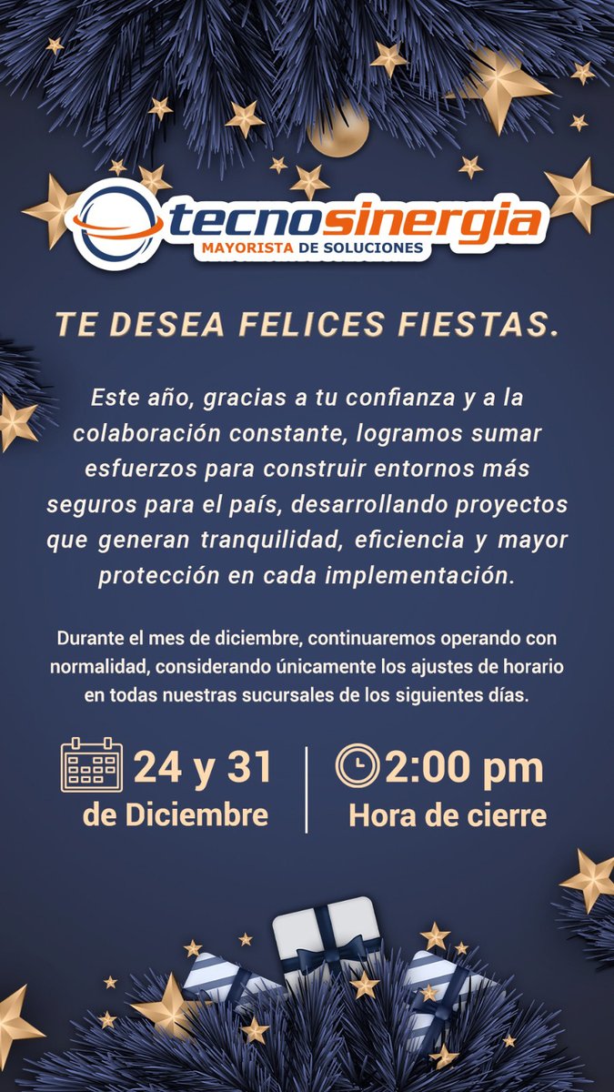 🎄✨ De parte de todo el equipo de Tecnosinergia, ¡felices fiestas!

Te deseamos unas felices fiestas, llenas de buenos momentos y nuevas metas por cumplir. ✨

Gracias por acompañarnos.
¡Nos vemos muy pronto!

#FelicesFiestas #GraciasPorConfiar #Tecnosinergia