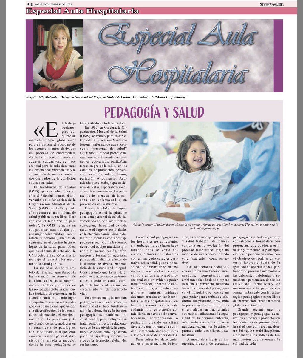 Un abrazo. aquí el especial aula hospitalaria un artículo mío pero el de Dominic está escrito íntegramente por el . Gracias por compartir. Toñy Castillo Delegada Nacional en pedagogía hospitalaria del Proyecto Global de Cultura Granada Costa