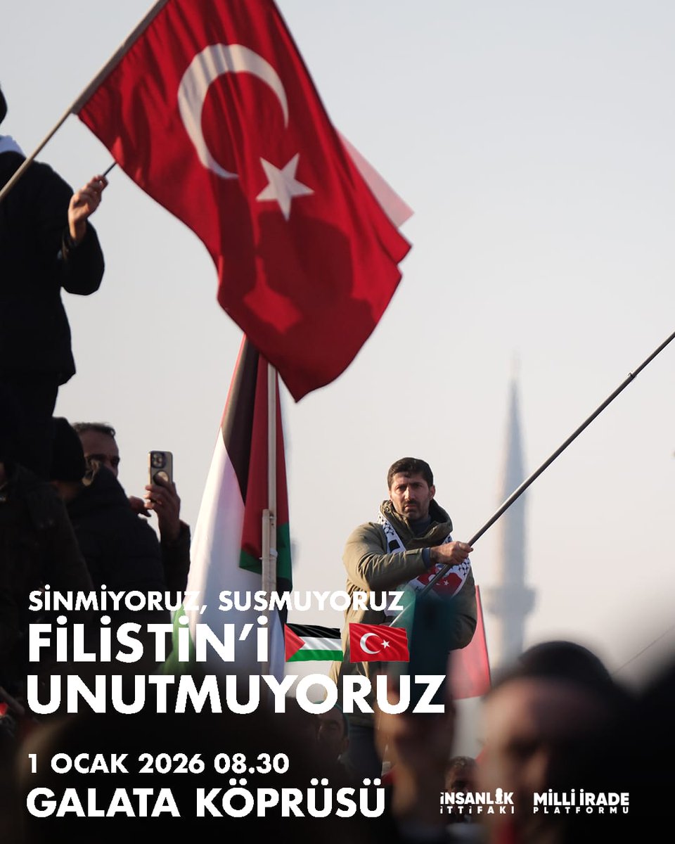 Yeni yılda sinmiyoruz, susmuyoruz, Filistin’i unutmuyoruz! Galata Köprüsü’nde buluşuyoruz! #1ocaktagalatada
📍 Galata Köprüsü
🗓 1 Ocak 2026
⏰ 08.30
