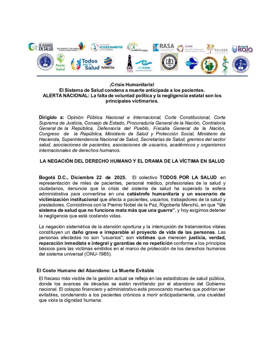 Fecoer's tweet image. #Comunicados #Urgente 🚨 ALERTA NACIONAL POR LA VIDA Y EL DERECHO A LA SALUD 🚨

Como lo advierten los comunicados: “La crisis del sistema de salud ha superado la esfera administrativa para convertirse en una catástrofe humanitaria”.

Colombia enfrenta una crisis humanitaria en