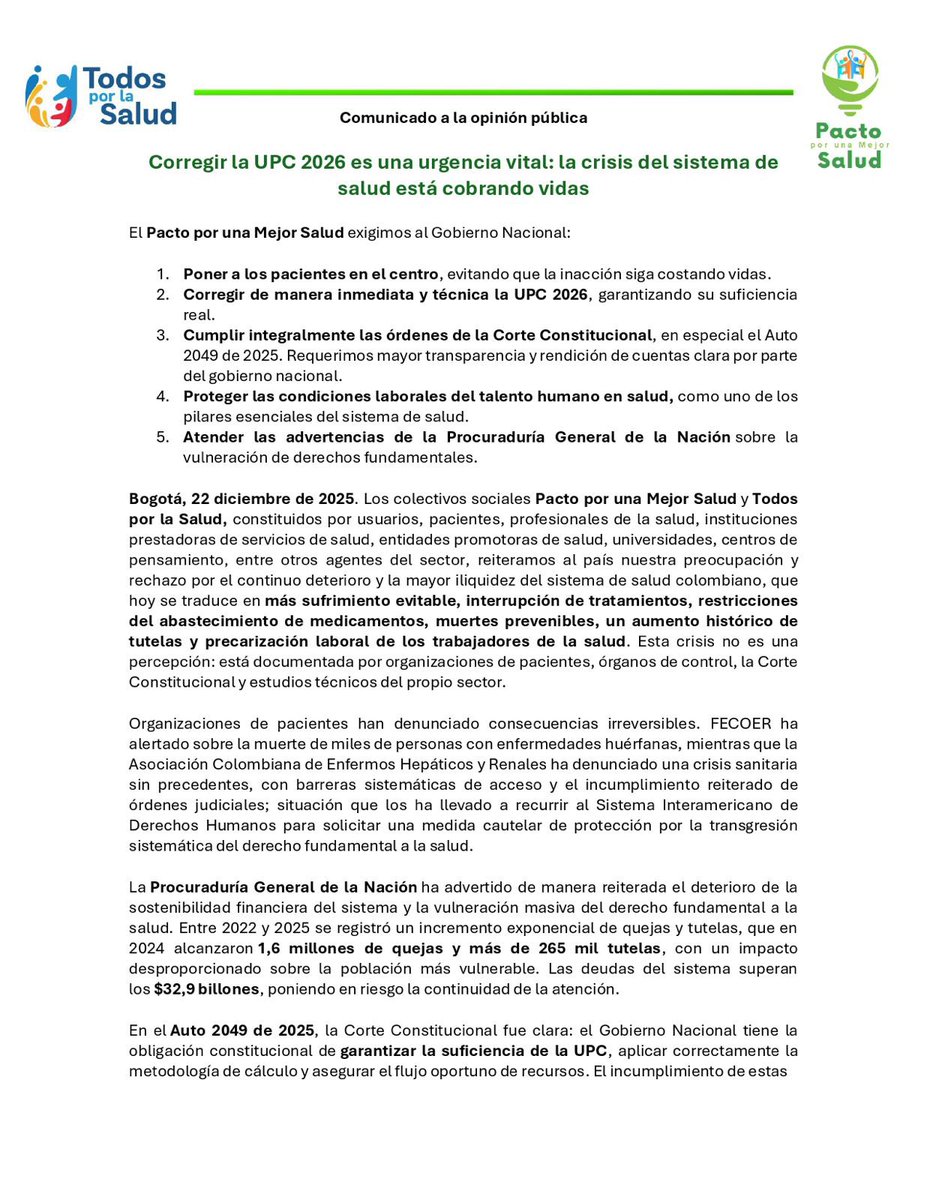 Fecoer's tweet image. #Comunicados #Urgente 🚨 ALERTA NACIONAL POR LA VIDA Y EL DERECHO A LA SALUD 🚨

Como lo advierten los comunicados: “La crisis del sistema de salud ha superado la esfera administrativa para convertirse en una catástrofe humanitaria”.

Colombia enfrenta una crisis humanitaria en