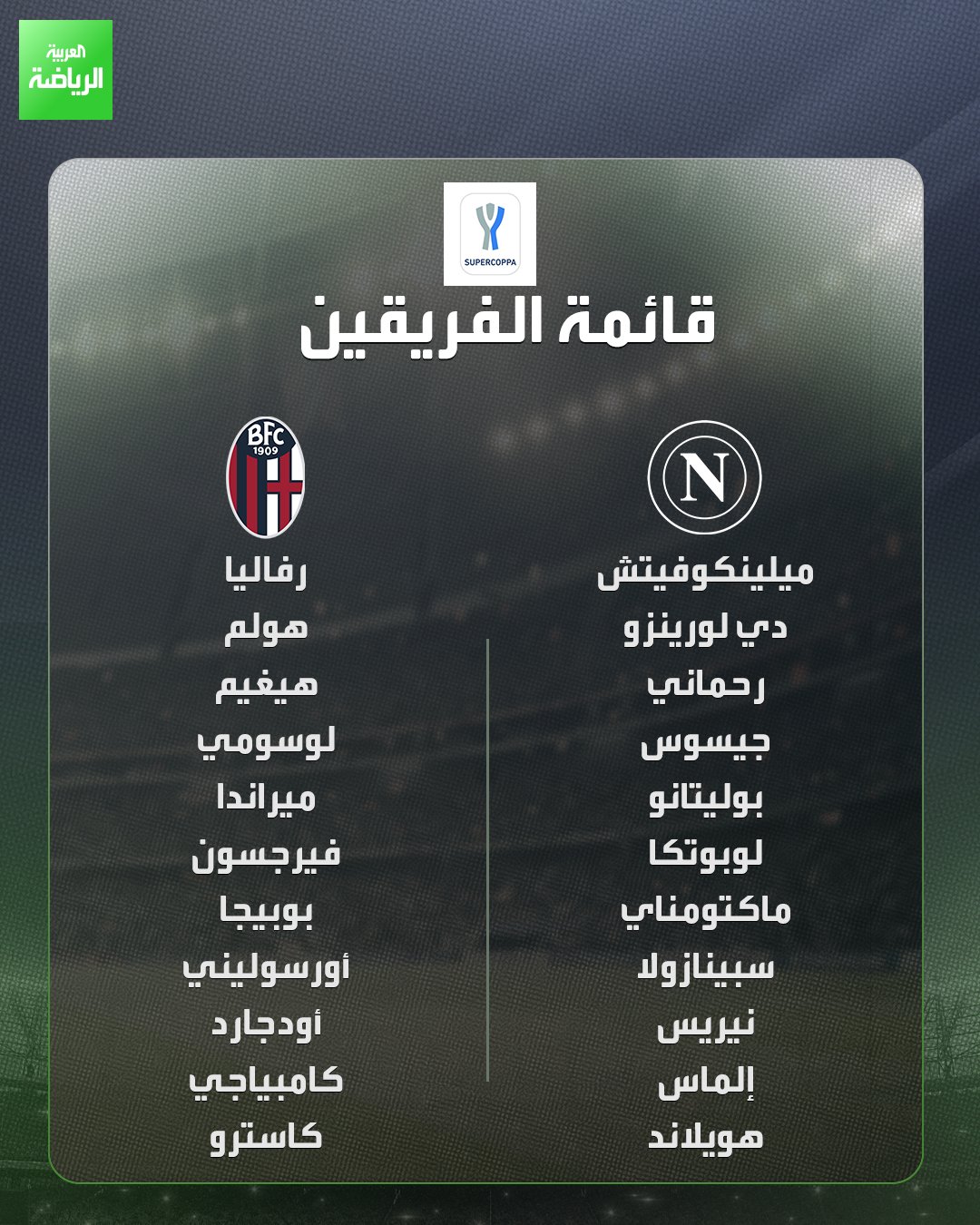 قائمتا نابولي وبولونيا لنهائي كأس السوبر الإيطالي 