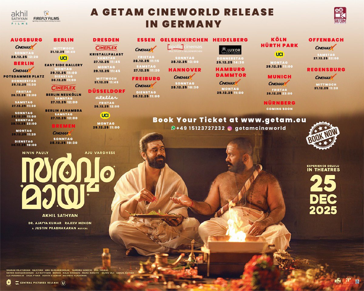 GetamCinemas's tweet photo. Fun is about to get spooky!

Sarvam Maya✨in GERMANY theatres from 25th December 🇩🇪

#SarvamMayaMovie @NivinOfficial @AjuVarghesee #Akhilsathyan #Fireflyfilms #PrietyMukundhan #AjuVarghese https://t.co/aLRMJgIQQh