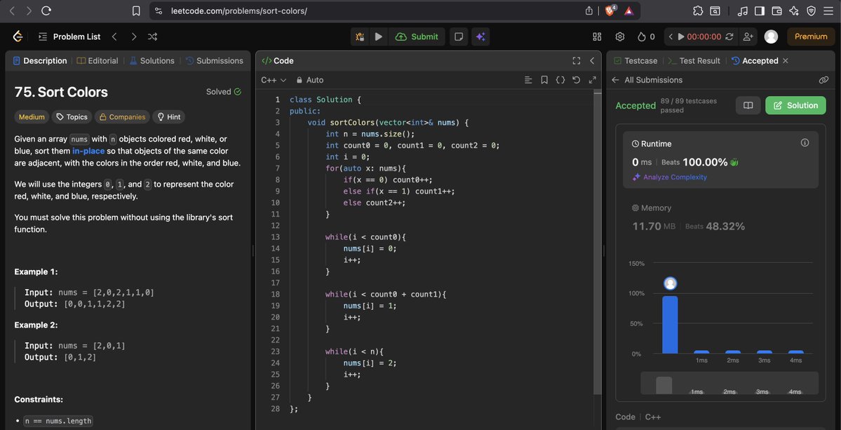 _PrathamGambhir's tweet image. Today's work of #100DaysOfCode

•DSA(#StriversA2ZDSASheet)
-Solved problems on array
1. Sort an array of 0's 1's and 2's
-Leetcode
1. 2Sum Problem
2. Sort colors

•DEV
1.Added meeting updates section in dashboard page
2.Completed till lec6 of motion series by @mannupaaji