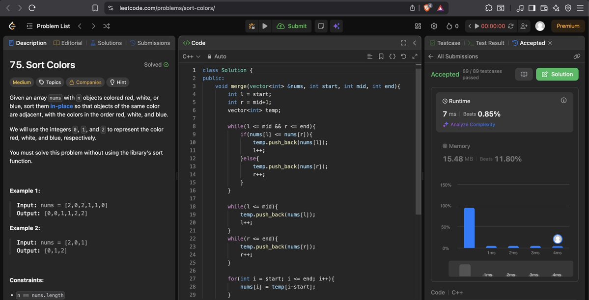 _PrathamGambhir's tweet image. Today's work of #100DaysOfCode

•DSA(#StriversA2ZDSASheet)
-Solved problems on array
1. Sort an array of 0's 1's and 2's
-Leetcode
1. 2Sum Problem
2. Sort colors

•DEV
1.Added meeting updates section in dashboard page
2.Completed till lec6 of motion series by @mannupaaji
