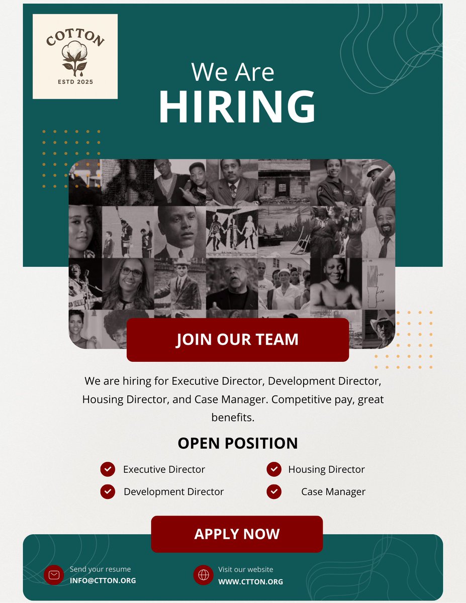 cttcotton's tweet photo. We are building systems that center Black dignity, housing justice, wellness, and collective power.

📧 Apply at info@ctton.org
Subject line: Position Title Application
#HiringWithPurpose #BlackOrg #MovementCare https://t.co/uNth48MHbh