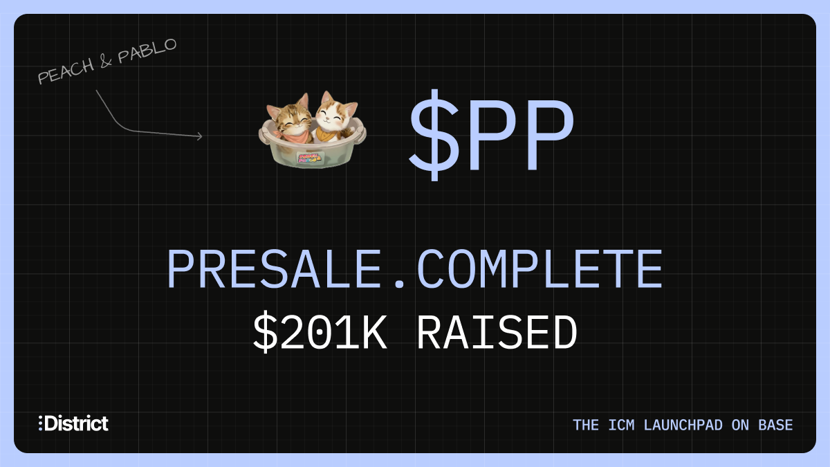 districtxyz's tweet photo. The @PeachNPablo presale is now complete

Congrats to the cats on $201K (67 ETH) raised in 45 minutes

IP Capital Markets charging forward https://t.co/tNGFG7oBYX