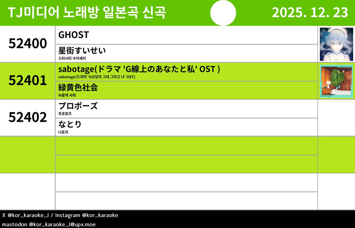 대한민국 노래방 일본곡 신곡 알림 (TJ,금영) (@kor_karaoke_J) / Posts / X