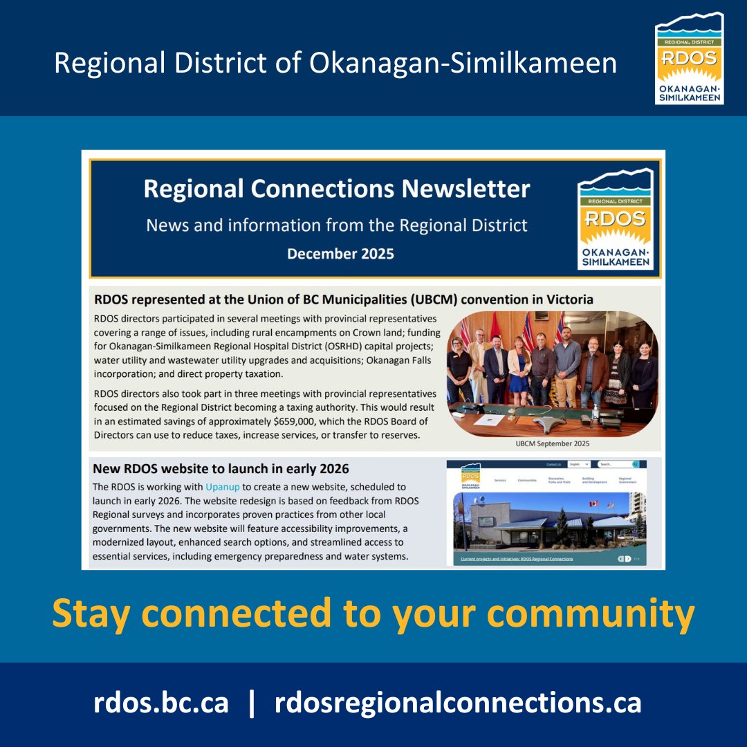 RDOSinfo's tweet image. Click here to view the RDOS Regional Connections newsletter for December 2025: rdos.bc.ca/assets/RDOS-De…

• New RDOS website launching in early 2026
• Recreation updates 
• Pop-up offices planned throughout 2026
• Regional partners respond to atmospheric weather event