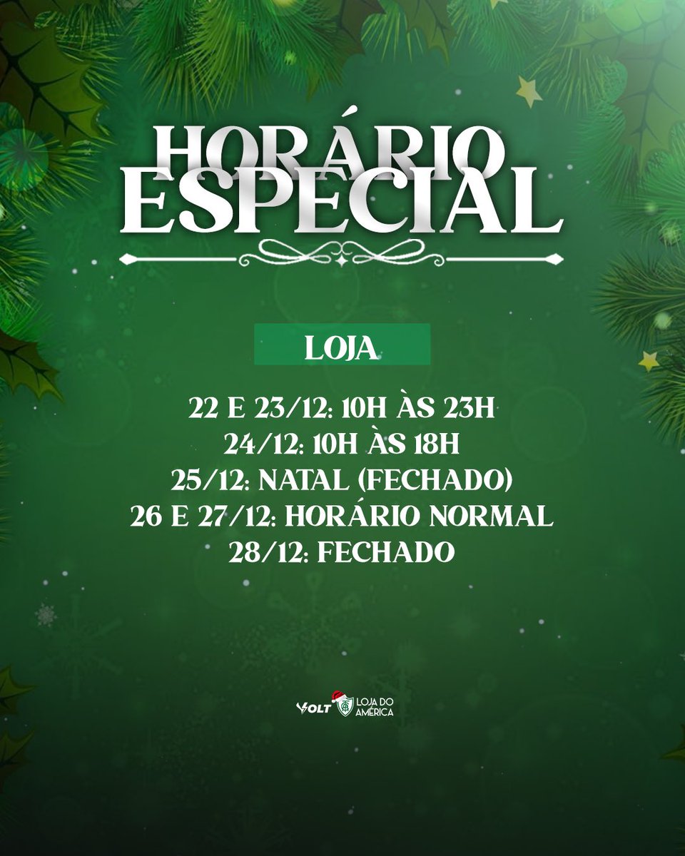 🎄 Confira os horários especiais de Natal/Réveillon da Loja do América para esta semana. 🐰

Planeje sua visita e aproveite para garantir os produtos oficiais com mais comodidade.

Faltam apenas 3 dias! O melhor presente está aqui! 💚🖤