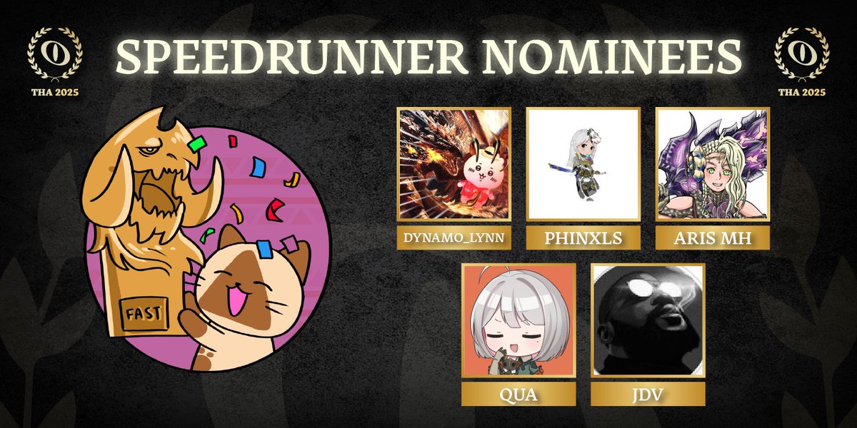 MonHunAwards's tweet image. 8. Speedrunner ⌛️

@Dynamo_Lynn 
@PhinxLs 
@ArisMH10 
@QuA_fAnA 
@TrueJdv