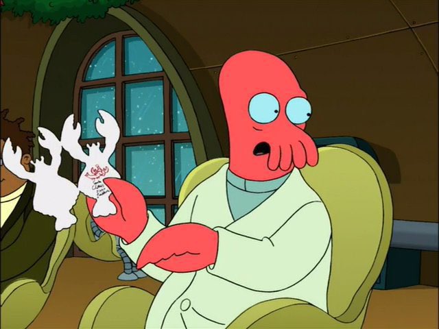 Huh? What's this? A card from my cousin Zoidfarb.

Instead of "Claus" he writes "Claws"! Now that's humorous. Today's comedians could learn from this card.

#Futurama