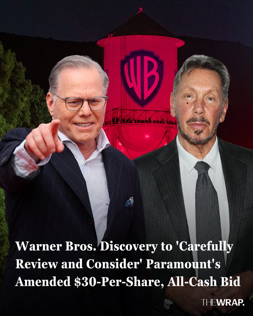 TheWrap's tweet image. After #Paramount CEO David Ellison's father, Larry Ellison, backed up the new bid for Warner Bros. Discovery, the #WBD board is weighing the new offer against #Netflix's bid.

Catch up: bit.ly/4pQPM4P
📸 Getty Images