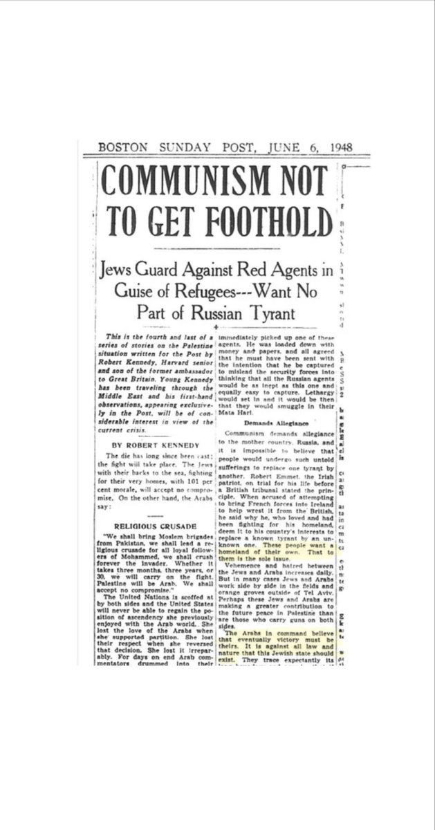 CptAllenHistory's tweet image. Bobby Kennedy diagnosed the conflict, visiting pre-war in April 1948:

Jews “want a homeland. That to them is the sole issue.”

Arabs believe “it is against all law and nature that this Jewish state should exist.”

So, Jews want a state &amp;amp; Arabs want the Jews not to have a state.