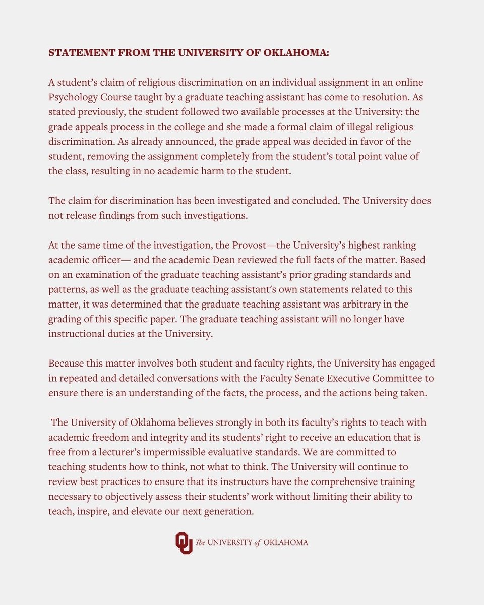 BREAKING: The University of Oklahoma announced that it has ruled in FAVOR of the student who was discriminated against for quoting the Bible in an assignment to justify traditional gender roles.

The transgender instructor will also "no longer have instructional duties at the