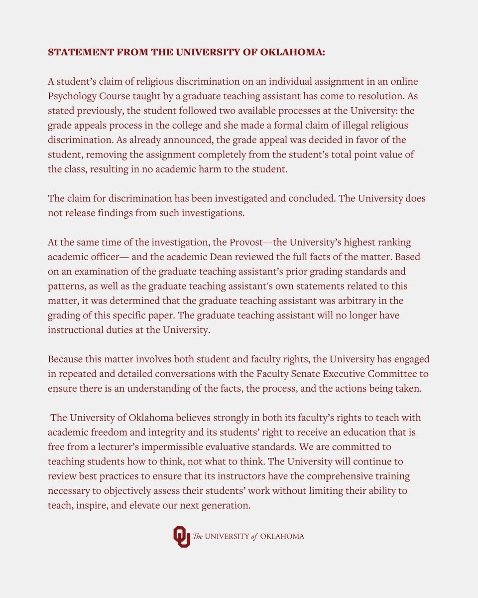EricLDaugh's tweet image. 🚨 BREAKING: University of Oklahoma STRIKES DOWN transgender teacher who gave Christian student Samantha Fulnecky a ZERO on a paper that cited the Bible for gender roles.

The university has STRIPPED instructor Mel Curth of teaching duties.

VICTORY! 🇺🇸🇺🇸