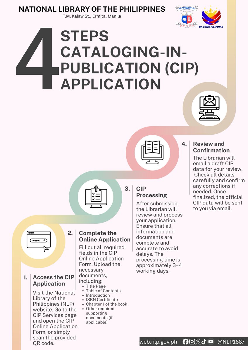 📣 Book creators!

Make your next step count with CIP—get your book properly cataloged before it reaches readers.

👉 Apply here: shorturl.at/bhZv4

#NationalLibraryPH