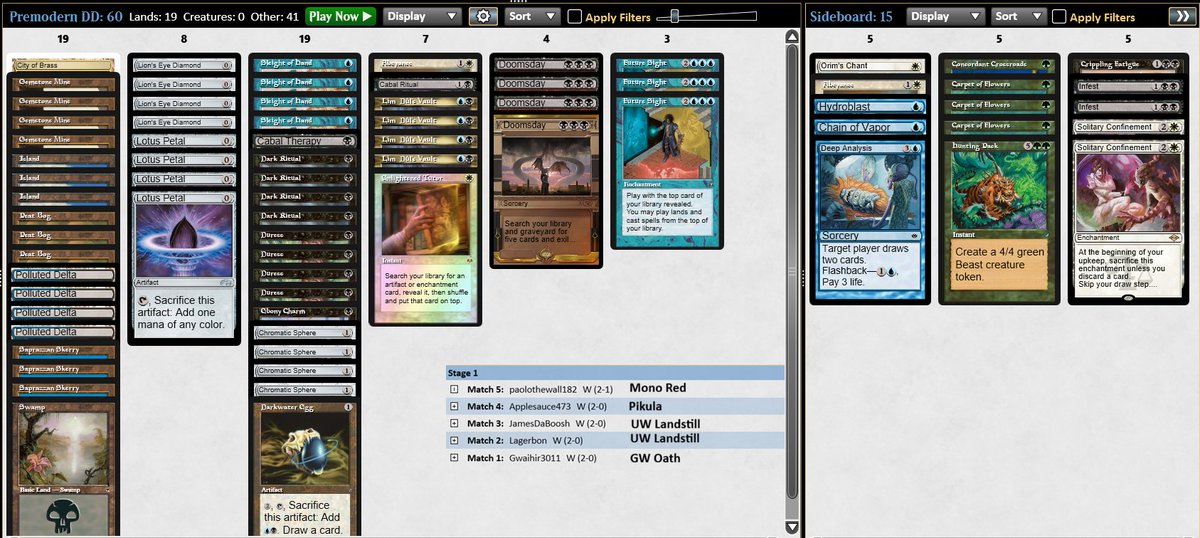 🏆Doomsday comes to premodern! After losing roughly 200 rating points trying to make Gush DD Storm work (it doesn't), I went back to my Future Sight shenanigans and got the 5-0! It took me a while to figure out, but I'm quite happy with the list, Hunting Pack was great 1/3