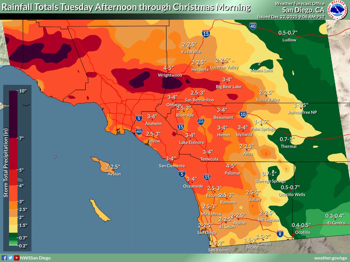 NWSSanDiego's tweet image. Widespread moderate to heavy rain is on the way with highest amounts in SBD County Mtns! Most of the rainfall will occur during the daytime on Christmas Eve. Urban and river flooding may occur along with mud and debris flows possible in the mtns near burn scars!
