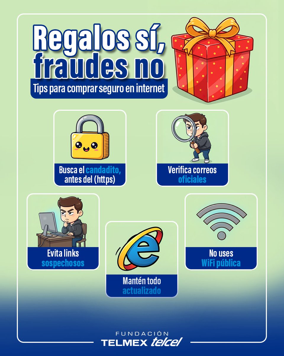 fundaciontelmex's tweet photo. Las ofertas pueden ser tentadoras…
los fraudes también 😬
Un par de cuidados hacen toda la diferencia al comprar en internet.
👉 Guárdalo y revísalo antes de pagar
Tu cartera lo agradecerá 💳✨
#CompraSeguro #EvitaFraudes #Navidad2025 https://t.co/EWy3vzI0de