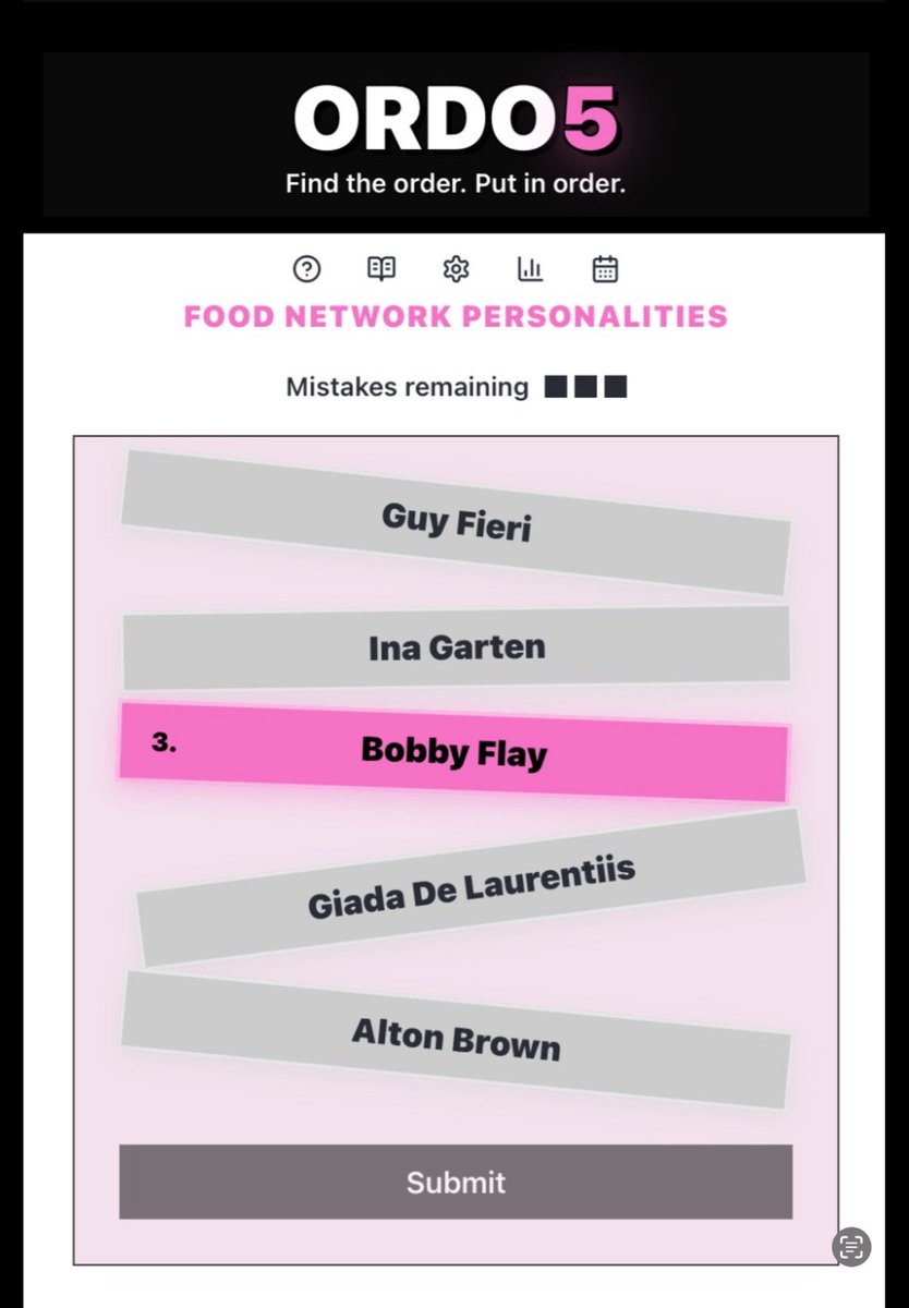 ORDOFive's tweet image. Still haven’t tried today’s puzzle? 🧠
Food Network Personalities
Takes 2 minutes.
ordo5.com
#ORDO5 #DailyPuzzle #BrainTeaser #LogicPuzzle #MondayNight