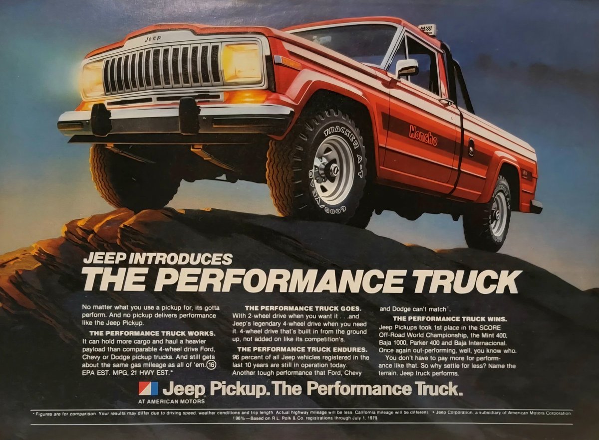 Jeep Introduces The Performance Truck, ad circa early 1980s!
..............
#jeep #jeeplife #monday #legendary1941 #AMC