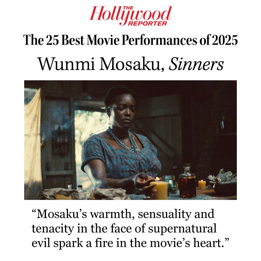 Wunmi Mosaku’s performance as "Annie" in the film "Sinners" is celebrated among The Hollywood Reporter’s 25 Best Movie Performances of 2025, highlighting her deeply layered and captivating contribution to the film.

🔗: hollywoodreporter.com/lists/best-mov…

<a href="/THR/">The Hollywood Reporter</a> | #SinnersMovie