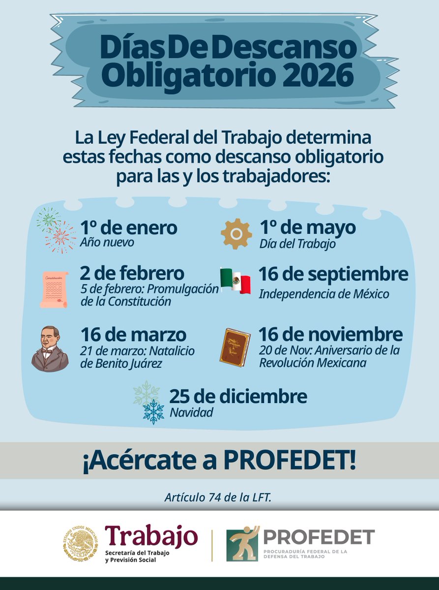 📅Días de #DescansoObligatorio2026.
💡Si los trabajas, tu empleador debe pagarte tu 💰 salario diario más un 💰 💰 salario doble.
🤝 Acércate a #PROFEDET.
📞079, línea del Gobierno de México.