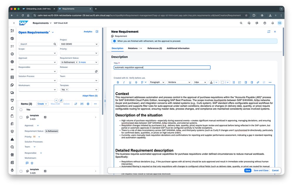 atsapanoglou's tweet image. #AI goes CALM: AI-assisted Requirement generation
community.sap.com/t5/technology-…

Steps:
1. Create a Requirement template
2. Upload source documents
3. Generate Requirements
4. Check results

💡To use the feature you need to purchase AI tokens and activate it

#SAP #SAPCloudALM #ALM