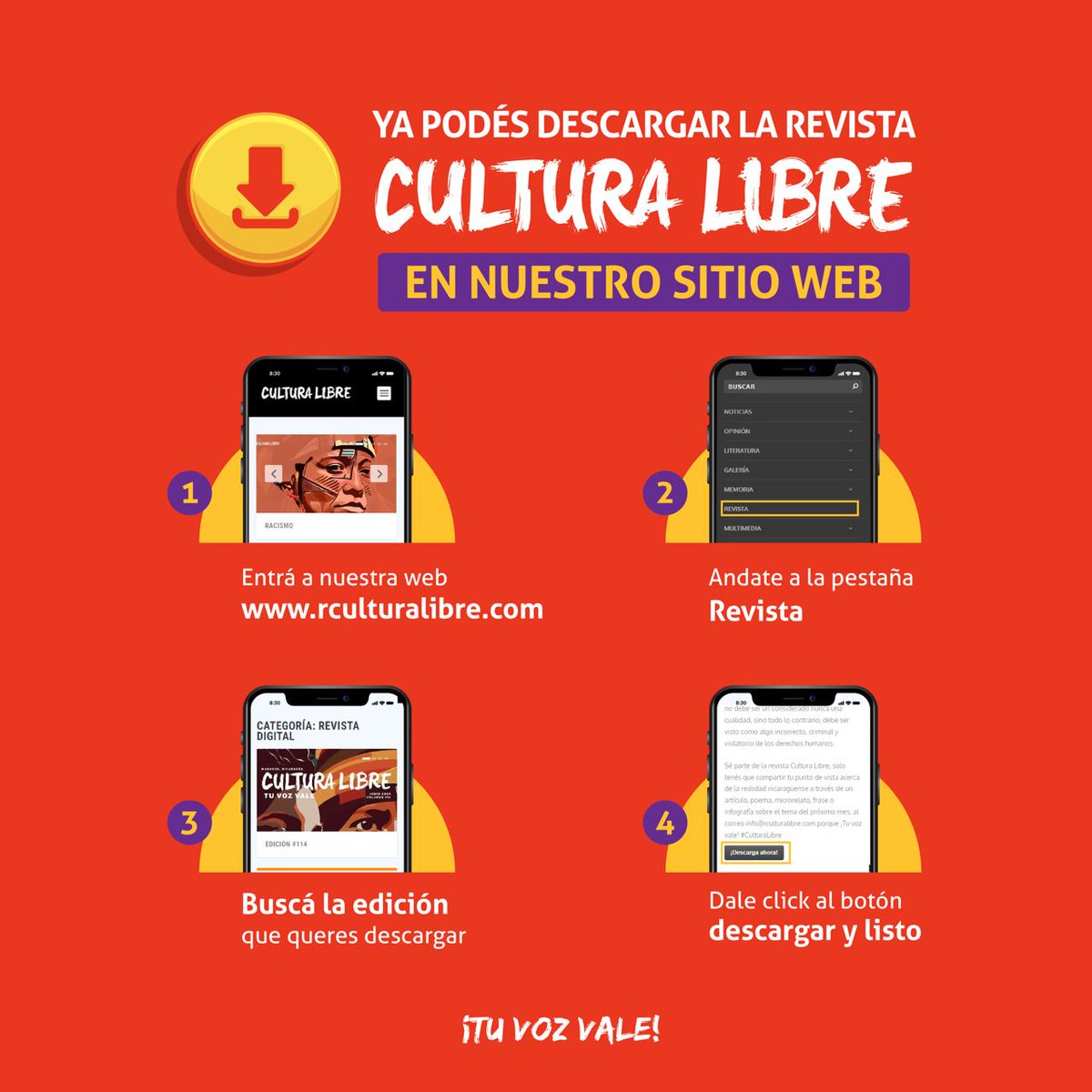🚨 Recordá que podes leer y descargar totalmente gratis todas las ediciones de la revista Cultura Libre. ¡Tu voz vale! #Nicaragua 🇳🇮