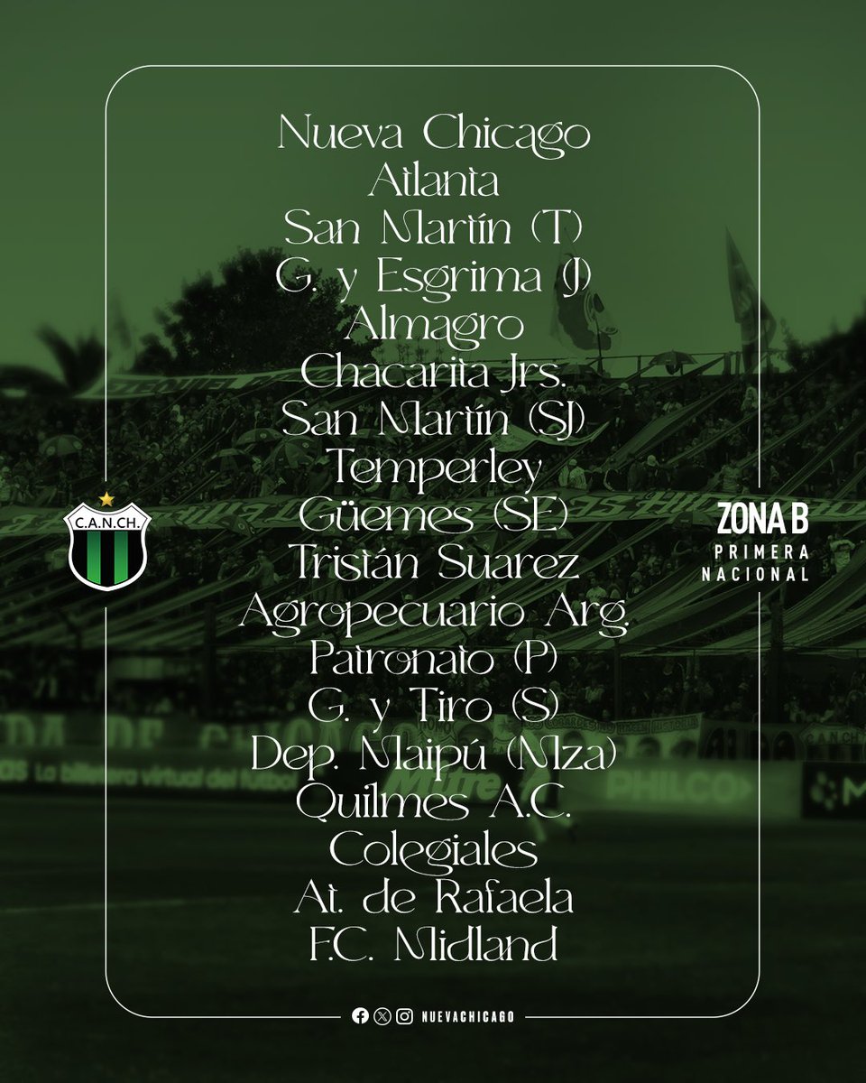 ⚽ FIXTURE 2026
Estamos en la Zona B 💪🏽

En breve comunicaremos la información de cada fecha.

¡Vamos Chicago! 💚🖤