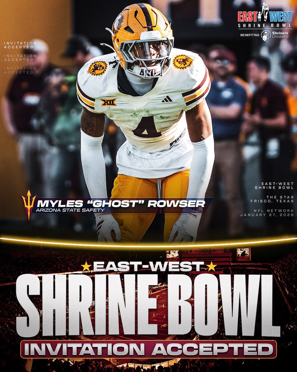 ShrineBowl's tweet image. Invitation Accepted

@ASUFootball Safety Myles "Ghost" Rowser (@MylesRowser) is headed to the East-West Shrine Bowl! 🔱

#ForksUp | #ShrineBowlWHOSNEXT 😎