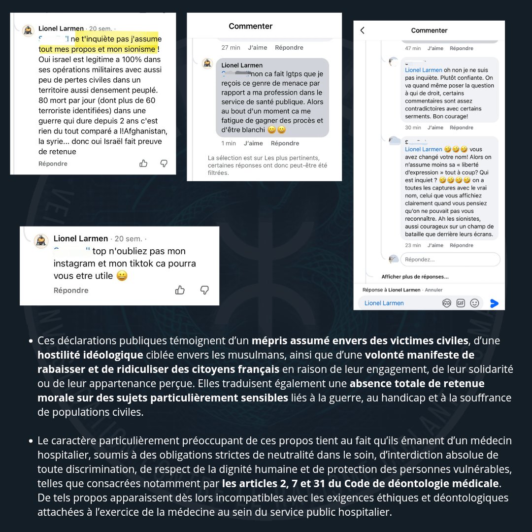 Virmag_'s tweet image. ⚖️ SIGNALEMENT - Lionel Lerman, docteur au service de médecine nucléaire au @GHUMondor, tient régulièrement des propos méprisants et discriminatoires visant des Musulmans et des victimes civiles.

Ses agissements sont incompatibles avec l’éthique médicale et ses obligations.