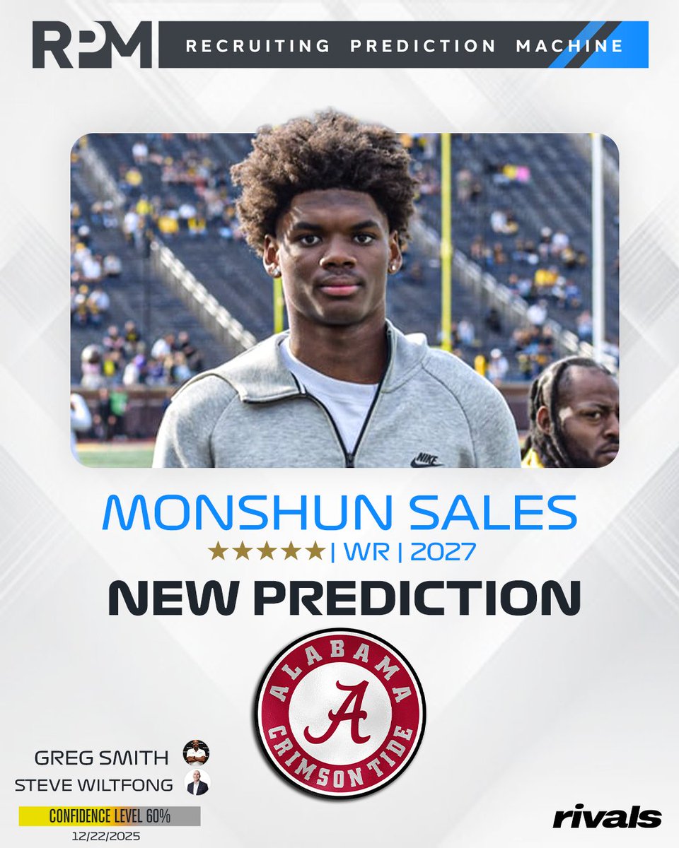 Rivals's tweet image. NEW: Rivals’ @SWiltfong_ and @GregSmithRivals have logged expert predictions for Alabama to land 5-star WR Monshun Sales🐘

Sales is the No. 2 WR in the 2027 class.

Read: on3.com/rivals/news/wi…