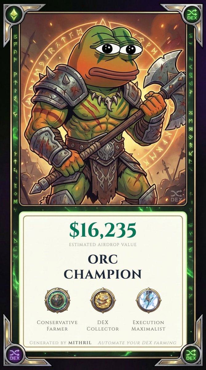 My airdrop farming estimate: $16,097

My Rank: Orc Champion

My Farmer attributes: Conservative Farmer • DEX Collector • Execution Maximalist

What's your estimate?
bot.mithril.money/points-estimat…

Generated by <a href="/mithril_money/">mithril.money</a>
