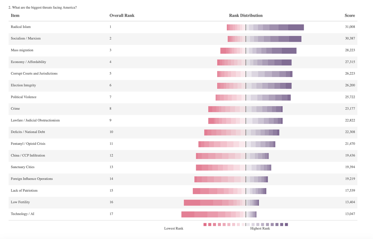AndrewKolvet's tweet image. Asked about the top threats facing America, respondents ranked the top six issues as:

1) Radical Islam (!!)
2) Socialism / Marxism
3) Mass Migration
4) Economy / Affordability
5) Corrupt Courts
6) Election Integrity