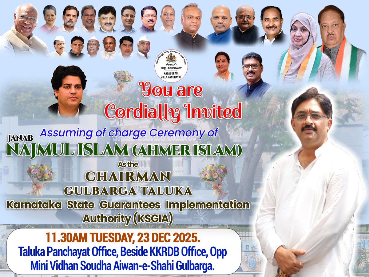 As Chairman karnataka State Gaurantee Implementation Authority Gulbarga taluqa iam taking charge in morning. Keep me in your prayers. <a href="/ShayarImran/">Imran Pratapgarhi</a> <a href="/PriyankKharge/">Priyank Kharge / ಪ್ರಿಯಾಂಕ್ ಖರ್ಗೆ</a> <a href="/MlaKaneezfatima/">Kaneez Fatima</a> <a href="/NasirHussainINC/">Dr Syed Naseer Hussain, M P</a> <a href="/ajaydharamsingh/">Dr. Ajay Dharam Singh / ಡಾ. ಅಜಯ ಸಿಂಗ್</a> <a href="/S_PrakashPatil/">Dr. Sharan Prakash Patil</a> <a href="/mehrozkhaninc/">Mehroz Khan</a> <a href="/FarhanAzmiINC/">Farhan Azmi</a>