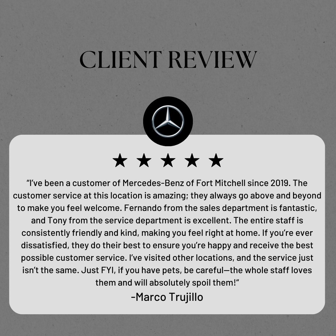 MBFtMitchell's tweet image. 🌟 A 5-Star Experience, Every Time! 🌟 We’re thrilled to share another amazing review from a happy guest at Mercedes-Benz of Fort Mitchell. 💼✨

From world-class service to true luxury, we take pride in creating unforgettable experiences for everyone who visits us. 🚘💎#MBFM