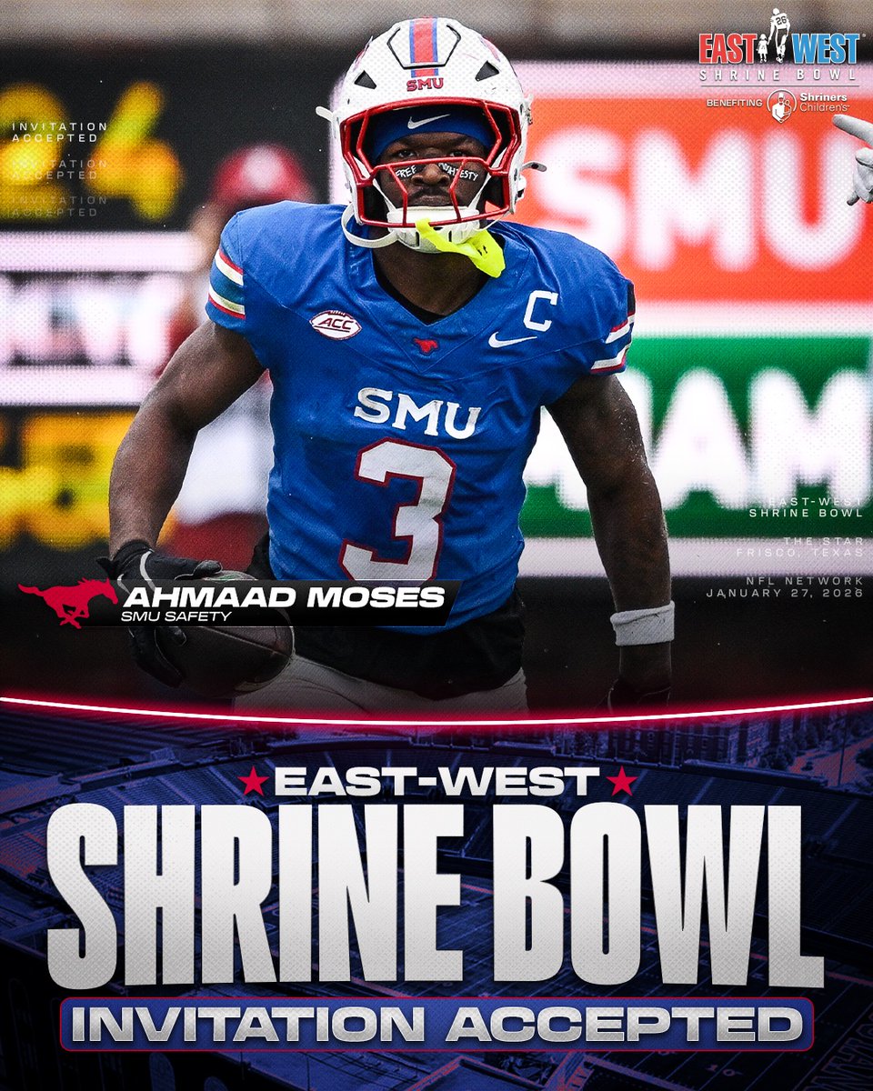ShrineBowl's tweet image. Invitation Accepted

@SMUFB Safety Ahmaad Moses (@ahmaad_1k) has officially accepted his invite to the East-West Shrine Bowl! ⭐️

#ShrineBowlWHOSNEXT 😎