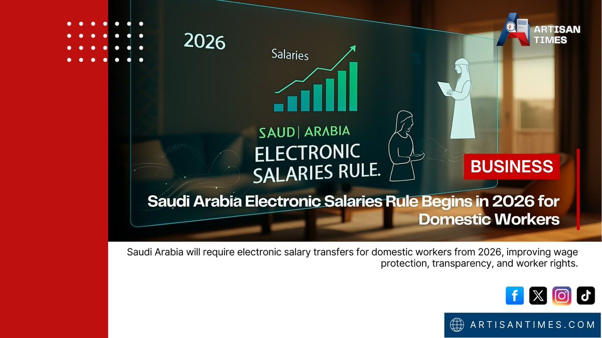 artisan_times's tweet photo. Saudi Arabia mandates electronic salary transfers for domestic workers from 2026, boosting wage security and transparency.
#SaudiNews #ElectronicPay #DomesticWorkers
Read more: https://t.co/BznjwSaS5M https://t.co/vbo4CcqgnZ