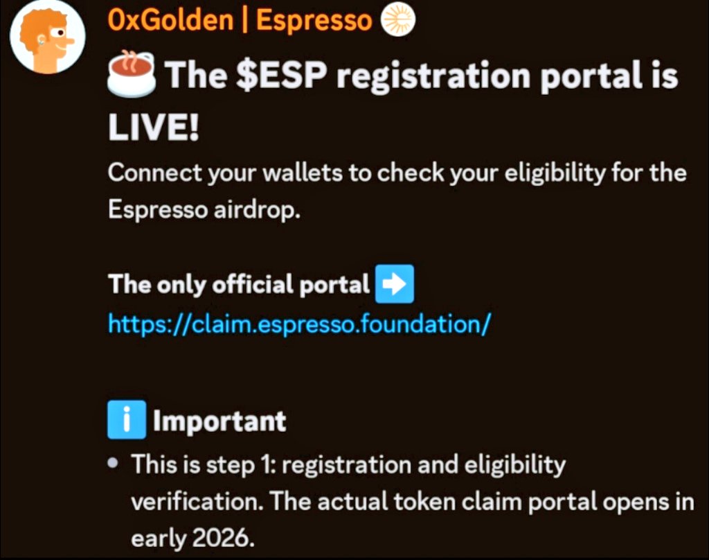 The $ESP registration portal is LIVE!
<a href="/EspressoSys/">Espresso ☕️</a> ☕🔥
Connect your wallets to check your eligibility for the Espresso airdrop.
The only official portal claim.espresso.foundation