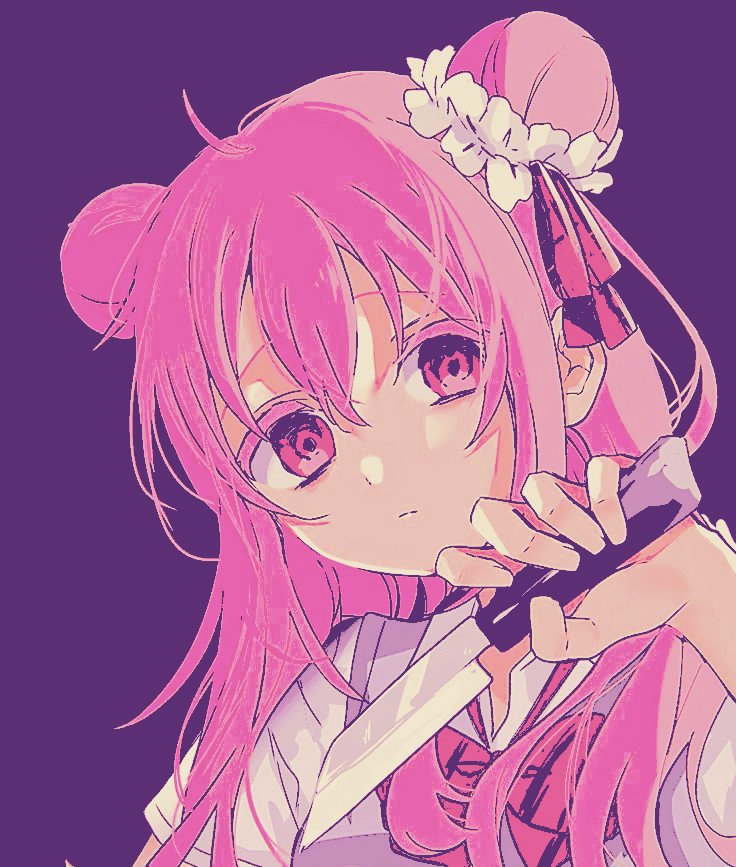 ⠀
⠀
❝ ℴh , hello ... ( reader ) ... ❞
the pinkette had said in a
hushed murmur, her head
tilting to the side as hand
wrapped around the black
and slightly pink surface of 
the handle that was holding 
a sharp blade.
⠀
⠀