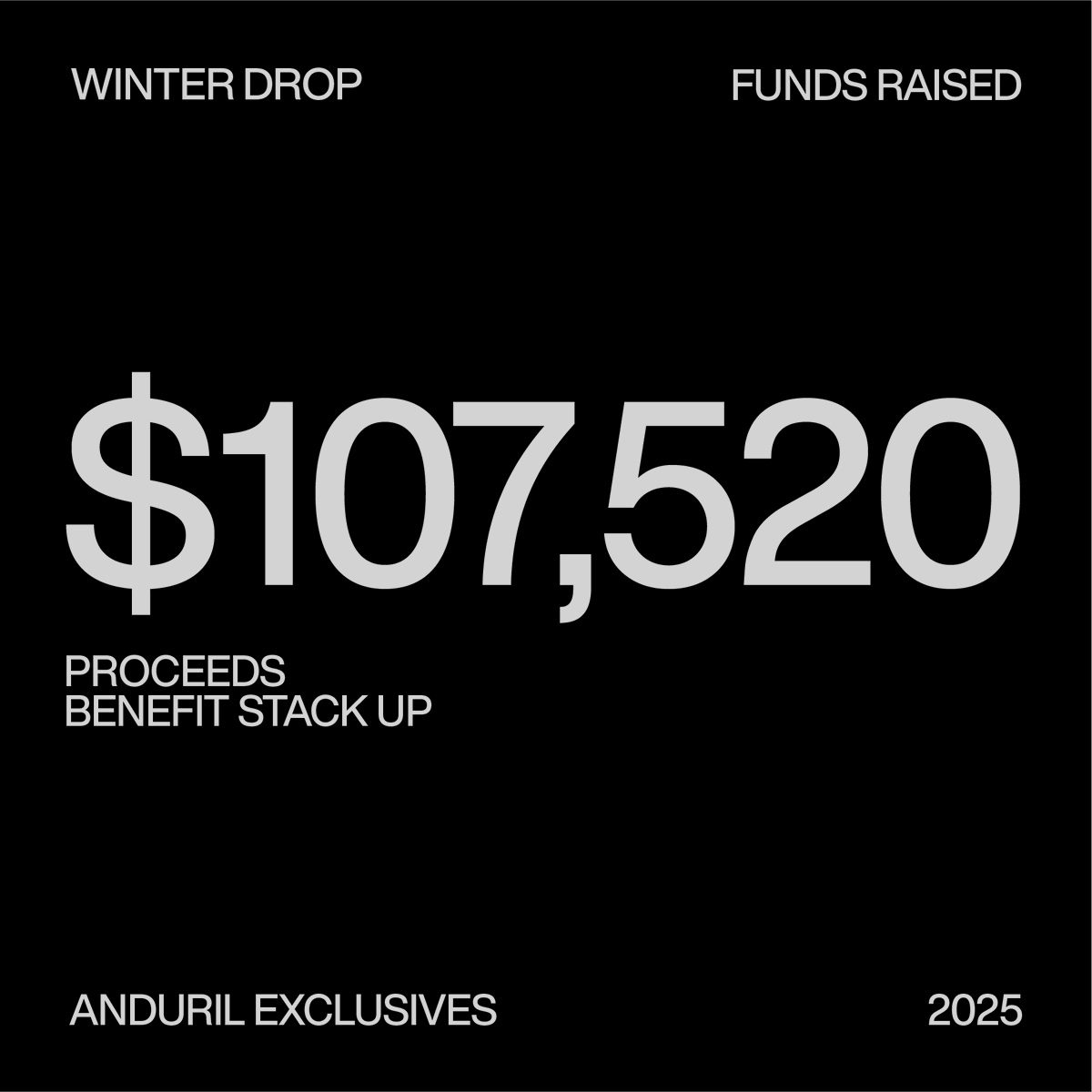 anduriltech's tweet image. Through our Auction and Gear Store Drop, we raised over $100,000 for @StackUpDotOrg.