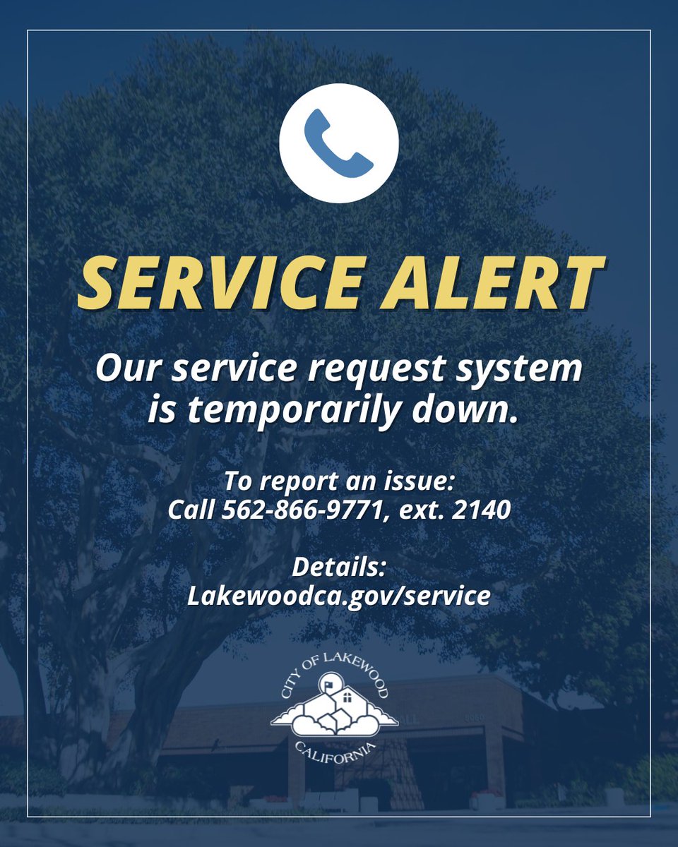 As of Monday, Dec. 22, Lakewood's online service request system, LakewoodConnect app and RV &amp; Trailer Parking online permit system are not operational. See lakewoodca.gov/service for details. 

#LakewoodCA #ServiceAlert