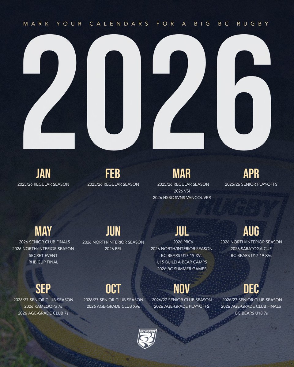 Mark your calendars 🗓️🏉

Get ready for a STACKED BC Rugby 2️⃣0️⃣2️⃣6️⃣ kicking off with some big announcements next month!

What are you most looking forward to? 🗨️

Read more 👉 ow.ly/fKRf50XML4e

#bcrugby #rugby #2026 #sports #bc