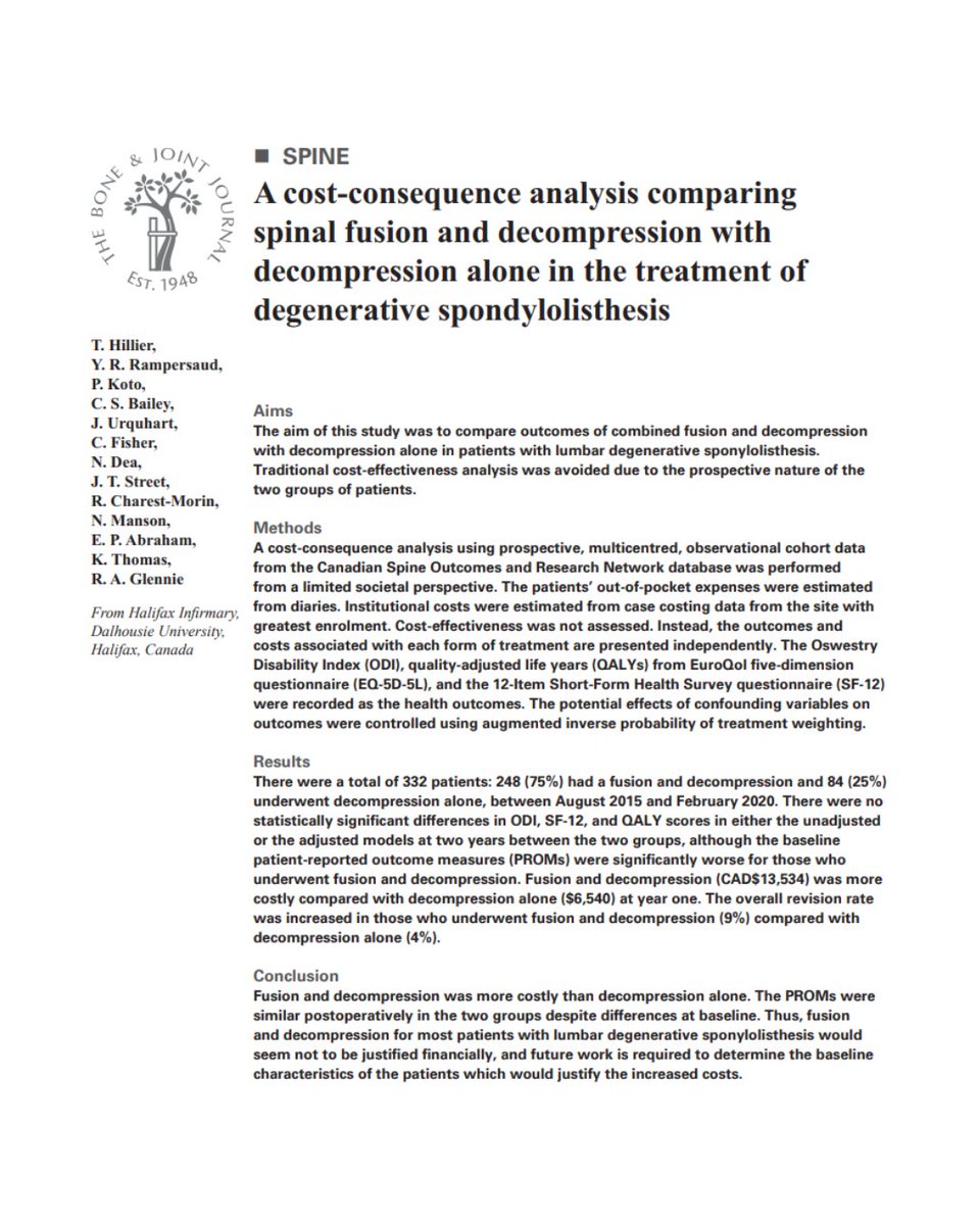 BoneJointJ's tweet photo. Controversy exists regarding appropriate surgical management of degenerative spondylolisthesis. This manuscript indicates increased cost, with no outcome benefit for patients receiving lumbar fusion versus decompression alone.
#Spine #SpinalFusion #BJJ
https://t.co/ZLHsPiebcD https://t.co/yNDqxqAunS