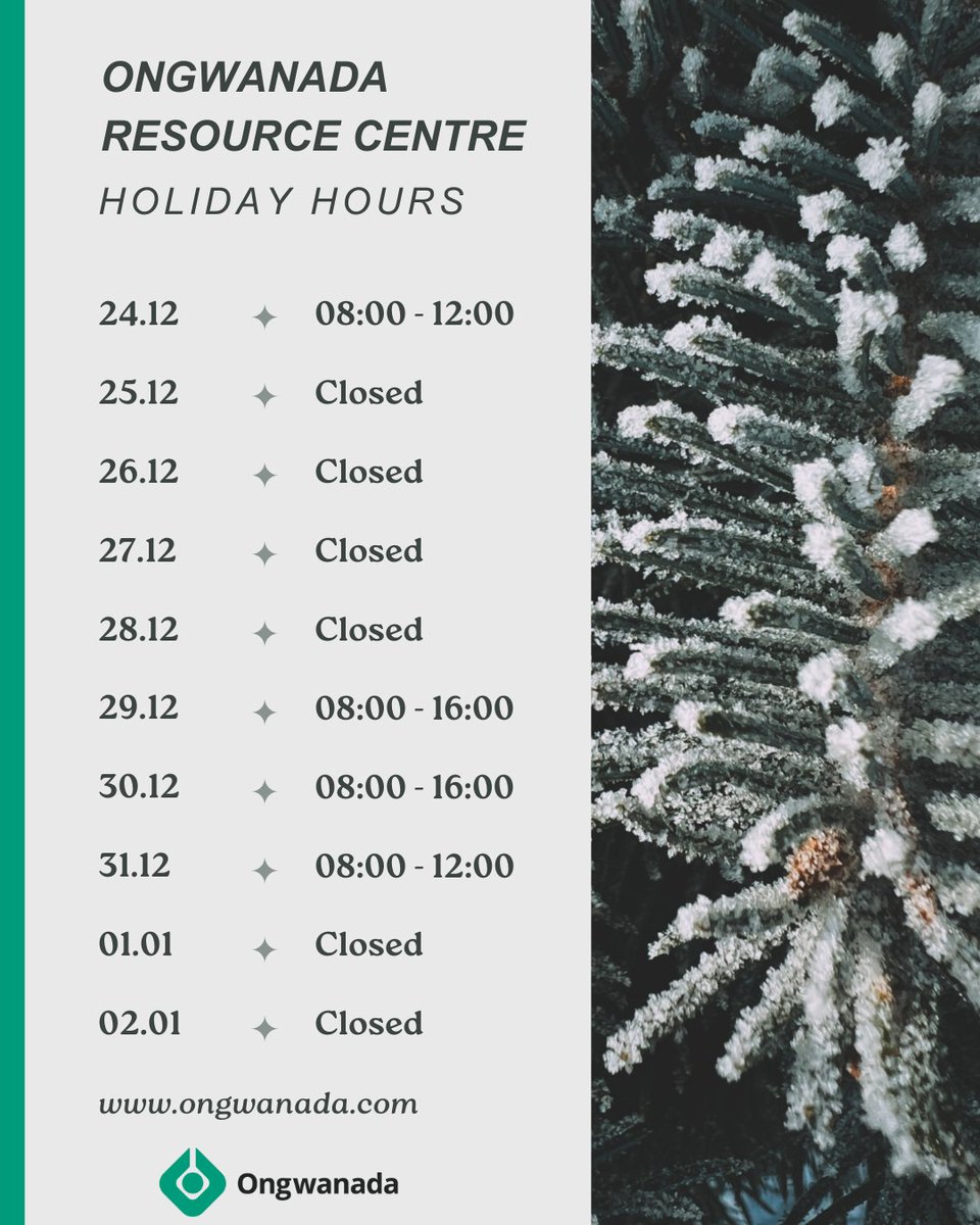 🎄 Heads Up! 🎄

Please take a moment to note the Holiday Hours for the Ongwanada Resource Centre. Make sure to plan your visits accordingly!

#Ongwanada #HolidayHours #CommunityUpdate