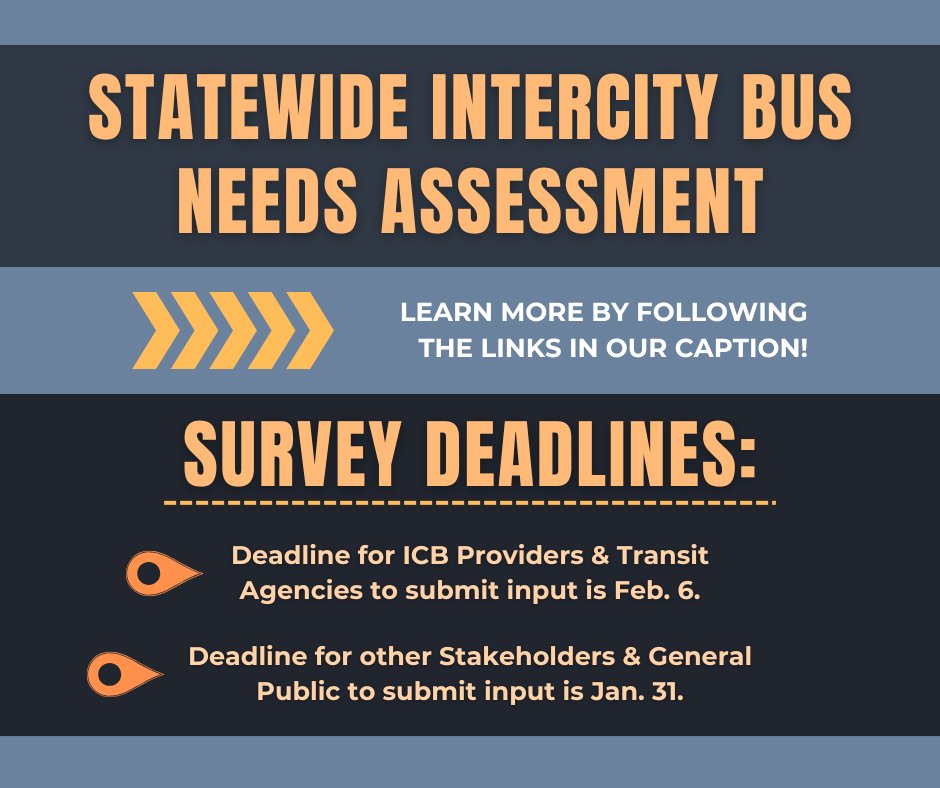 MoDOT's tweet image. MoDOT is conducting a Statewide Intercity Bus Needs Assessment to help determine the level of need for intercity bus (ICB) transportation in Missouri.
🔵 ICB Providers &amp;amp; Transit Agencies: forms.office.com/e/32Xwf9jLb9
🔵 Other Stakeholders &amp;amp; General Public: forms.office.com/e/SMcsRBbSEz
