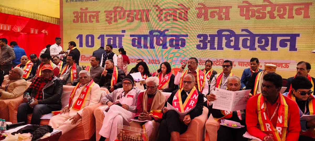 venupnair_nrmu's tweet photo. ✨AIRF’s 101st Annual Convention in Lucknow ✨
               🚩🚩🚩🚩🚩🚩🚩🚩🚩🚩
From 22.12.2025 to 24.12.2025, thousands of delegates and leaders from all zones across India gathered at the Lucknow Stadium to participate in the 101st Annual Convention of AIRF and the AIRF Working Committee Meeting.
🚩Many comrades/staff from other zones were seen lining up to take selfies and photographs, creating a buzz across the entire convention.
✊When leadership is enthusiastic, energetic, and deeply committed to the people, employees begin to see their future in that leadership.
The struggle of the National Railway Mazdoor Union (NRMU) is a living example of this righteous path—where the organization connects with hearts and takes a firm resolve to secure human dignity and workers’ rights.
Because of this dedication, the youth today look at Comrade Venu P. Nair with hope and confidence.
🚩NRMU Zindabad!
✊🚩 Long Live Workers’ Unity!
🚩Red salute to Com Shivgopal Mishra ji.
🚩Red Salute to Comrade Venu P. Nair!
🚩🚩🚩🚩🚩🚩🚩🚩🚩🚩
#AIRF101
#AIRFConvention
#Lucknow
#ComradeVenuPNair
#NRMU
#RailwayWorkers
#TradeUnion
#WorkersUnity
#Leadership
#RedSalute
#MazdoorEkta
#IndianRailways