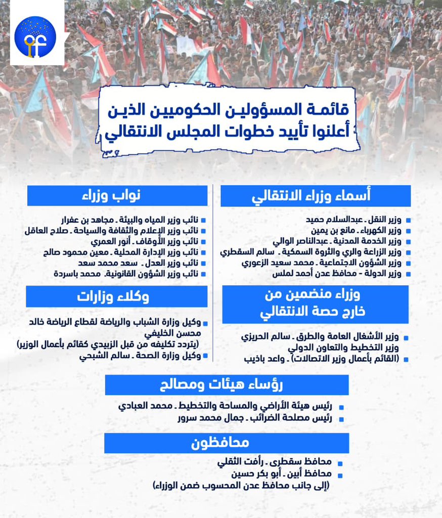 انفوجرافيك: اتساع التأييد العلني من وزراء ونواب وزراء ووكلاء، ورؤساء هيئات ومحافظين لخطوات #المجلس_الانتقالي_الجنوبي، في مسار يثير إشكاليات قانونية تتصل بواجب الحياد المؤسسي لشاغلي المناصب العامة، ويطرح تساؤلات حول مدى اتساق هذه الاصطفافات مع الدستور والقوانين الناظمة لعمل أجهزة